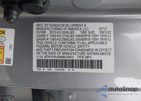2021 Honda Pilot 2Wd Ex из США, поврежденный, VIN 5FNYF5H36MB039437